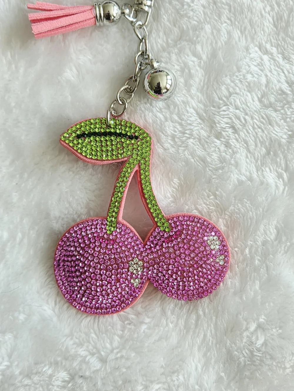 Pink and Green Rhinestone Cherry Keychain Bag Charm
